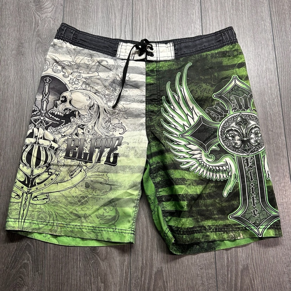 MMA Elite Mens Y2K Skull Winged Cross Graphic Board Shorts Green Black Size M